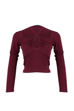 Bordo Fitted/Vucuda Oturan Boyundan Baglamal? Esnek Orme Bluz TWOAW23BZ00093