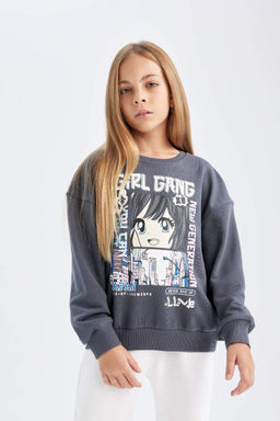 Толстовка оверсайз с круглым вырезом для девочек с принтом - Defacto фото 3