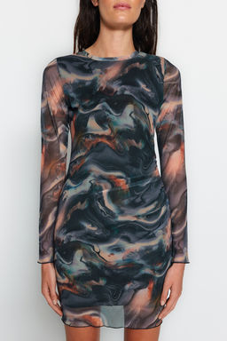 Cok Renkli Tul Buzgu/Drape Detayl? Vucuda Oturan Mini Esnek Orme Kalem Elbise TWOAW24EL00161 - Trendyolmilla фото 10