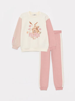 Bisiklet Yaka Bask?l? Uzun Kollu K?z ?ocuk Sweatshirt ve E?ofman Alt?