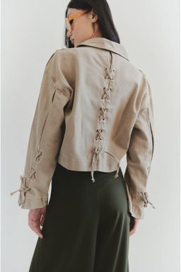 Limited Edition Bej Regular Baglama Detayl? Ince Biker Ceket Mont TWOSS25MO00038 - Trendyolmilla фото 5