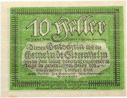 Банкнота 10 геллеров 1920 года Австрия  община Зиценхайм (Нотгельд)