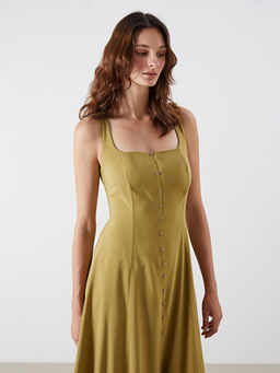 Kare Yaka Keten Kar???ml? Elbise