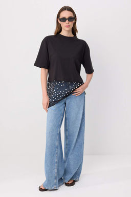 Siyah D_z Oversize/Geni_ Kal_p Puantiyeli Dantel Detayl_ _rme T-Shirt TWOSS26TS00337 - Trendyolmilla фото 2
