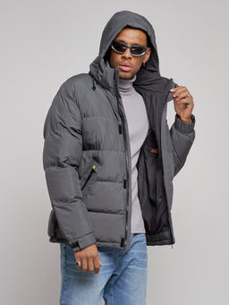 Куртка спортивная болоньевая мужская зимняя с капюшоном серого цвета 3111Sr