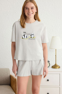 Trendyolmilla Ac?k Gri %100 Pamuklu Panda Bask?l? Sortlu Orme Pijama Tak?m? THMSS25PT00068