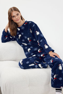 Trendyolmilla Lacivert Penguen/K?s Desenli Polar K?sl?k Orme Pijama Tak?m? THMAW25PT00060