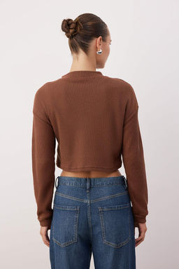 Kahverengi Fermuarl? Yaka Cep Detayl? Regular/Normal Kal?p Crop/K?sa Ceket TWOAW25CE00011