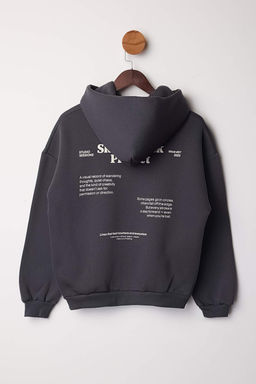 Antrasit Kal?n Ici Polarl? Kapusonlu Slogan Bask?l? Boxy Fit Orme Sweatshirt TWOAW26SW00217
