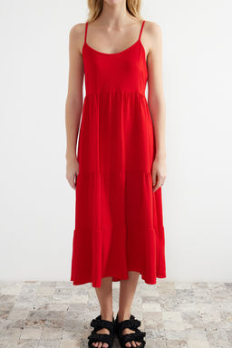 TRENDYOLMILLA K?rm?z? Etegi Volanl? Rahat Kesim Ask?l? Midi Dokuma Elbise TWOSS22EL1837  фото 4