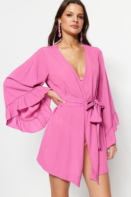 Pembe Kusakl? Dokuma Volanl? Mini Plaj Kimono&Kaftan TBESS21KM0002
