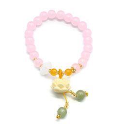 Браслет с подвеской Лотос шарик 8мм цв.розовый, 17см