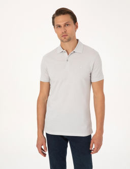 A__k Gri Slim Fit %100 Pamuk K_vr_lmaz Polo Yaka Basic Ti__rt