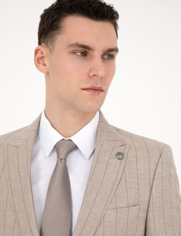 Bej Slim Fit Y_n Keten Kar___ml_ _izgili Tak_m Elbise