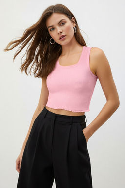 Pembe Kare Yaka Bluz-Etek Ince Bluz TWOSS25BZ00297