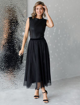 Юбка миди вечерняя на резинке из матового сатина с мягкой сеткой - Vilatte фото 6