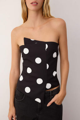 Siyah-Beyaz Puantiyeli Straplez Kolsuz Dokuma Finike S?k/Gece Bluz TPRSS24BZ00008