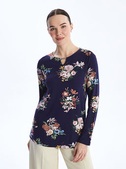 Bisiklet Yaka ?i?ekli Uzun Kollu Kad?n Bluz