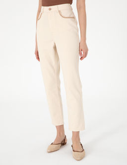 Ekru Mom High Waist Fit Jean Pantolon