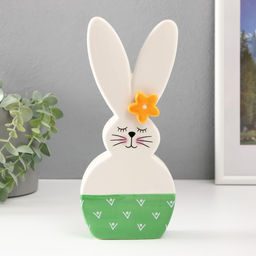 Фигурка керамика Зайка спящий, с ромашкой на ухе, бело-зелёный, 10.4?4.3?23.7 см