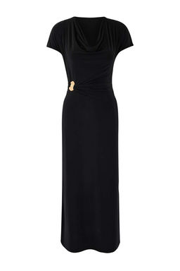 Siyah A-Kesim/Can Form Degaje Yaka Aksesuar Detayl? Maxi Esnek Orme Elbise TWOSS26EL00106