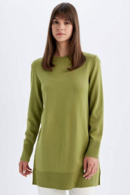 Regular Fit Bisiklet Yaka Y?rtmacl? Basic Duz Triko Kazak Tunik