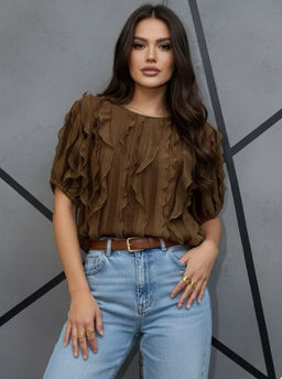 K13521 Лонгслив с рюшами КОРИЧНЕВЫЙ