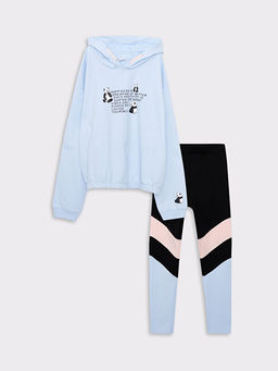Kap??onlu Bask?l? Uzun Kollu K?z ?ocuk Sweatshirt ve Tayt