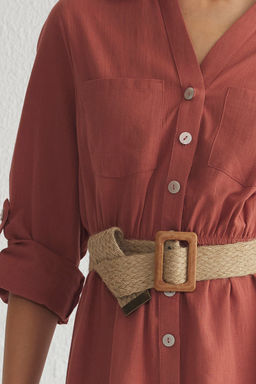 Camel Kemerli Cizgili Midi Dokuma Gomlek Elbise TWOSS25EL00063