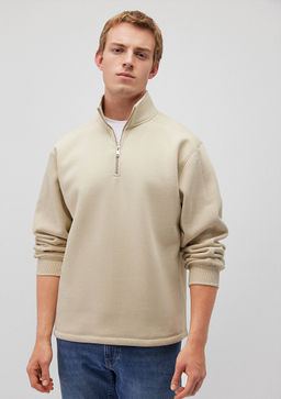 Dik Yaka Bej Sweatshirt - Mavi фото 2