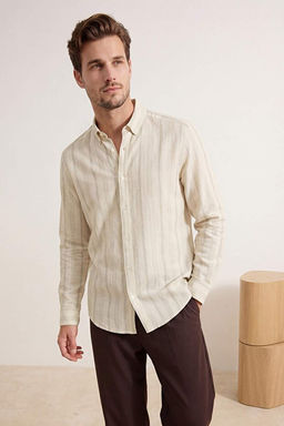 Haki Regular Fit Keten G_r_n_ml_ _izgili Nefes Alan Kuma_ Erkek G_mlek TMNSS26GO00025
