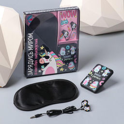 Подарочный набор: наушники, маска для сна и зарядное устройство 5000 mAh м. PB-05 «Единорог», 20,5 х 16,5 см.