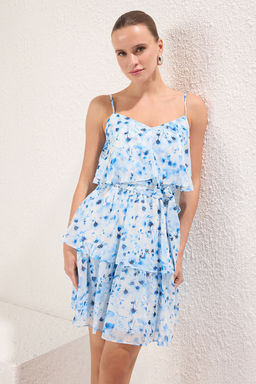 TRENDYOLMILLA Pembe Cicek Desenli Belden Ac?lan Mini Astarl? Sifon Dokuma Elbise TWOSS23EL01445  фото 2