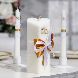 Набор свечей свадебных «Кружевной с бантиком золотым», 3 шт.: домашний очаг 6.8×15 см; родительские 1.8×17.5 см