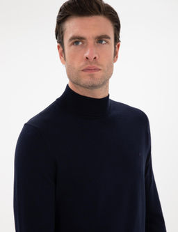 Lacivert Slim Fit Y_n Kar___ml_ Yar_m Bal_k__ Yaka Basic Triko Kazak