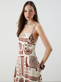 Kare Yaka Desenli Keten Kar???ml? Elbise