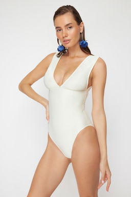 Ekru V Yaka Dokulu Regular Mayo TBESS24MA00045 - Trendyolmilla фото 3