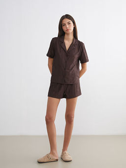 G?mlek Yaka Saten Kad?n ?ortlu Pijama Tak?m?