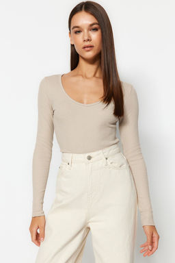 Bordo-Tas 2li Paket V Yaka Fitted/Vucuda Oturan Pamuklu Esnek Orme Bluz TWOAW24BZ00068