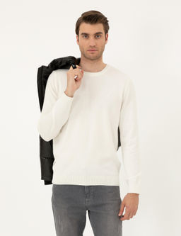 Ekru Slim Fit Bisiklet Yaka Basic Triko Kazak