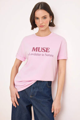 Pembe Slogan Oversize/Genis Kal?p Dusuk Kol K?sa Kollu %100 Pamuk Orme T-Shirt TWOSS26TS00190