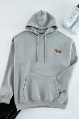 TRENDYOL MAN Gri Oversize/Genis Kesim Kapusonlu Hayvan Nak?sl? Ici Polarl? Sweatshirt TMNAW24SW00097 - Trendyolmilla фото 7