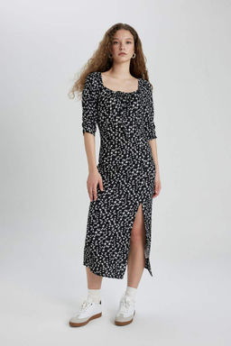 Приталенное платье миди с квадратным вырезом и цветочным запахом, до половины рукава - Defacto фото 3