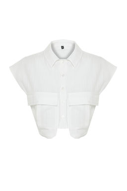 Ekru Onu Cepli Crop Regular Normal Kal?p Dokuma Gomlek TWOSS24GO00046 - Trendyolmilla фото 8