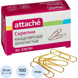 Скрепки Attache омедненные, 28 мм,негофрированные, золотистые, 100 шт/уп  фото 2