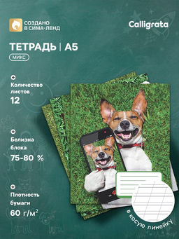 Цена за 20 шт. Тетрадь 12 листов в косую линейку, Calligrata «Селфи.DOG», обложка мелованная бумага, серые листы, МИКС