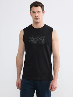 Bisiklet Yaka Bask?l? Penye Erkek Kolsuz Ti??rt