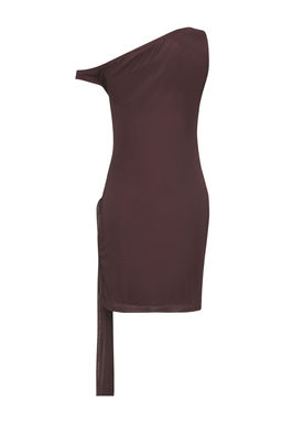 TRENDYOLMILLA Limited Edition Kahverengi Duz Asimetrik Bodycone/Vucuda Oturan Mini Orme Tul Elbise TWOSS25EL00464