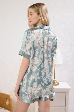 Trendyolmilla Mint Cicekli Saten Sortlu Dokuma Pijama Tak?m? THMSS25PT00189