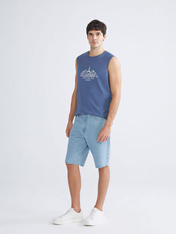 Bisiklet Yaka Bask?l? Erkek Kolsuz Ti??rt